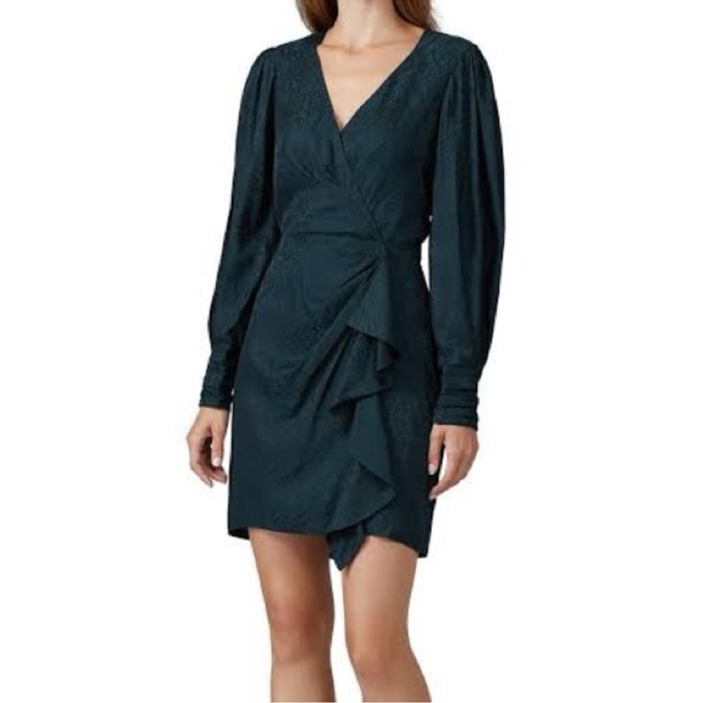 NWT Parker Silk thelma dress faux wrap v neck pine green ruffle
